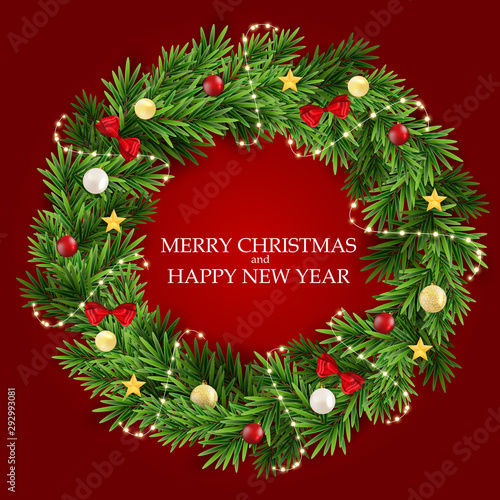 Abstract Holiday New Year and Merry Christmas Background with realistic Christmas wreath. Vector Illustration