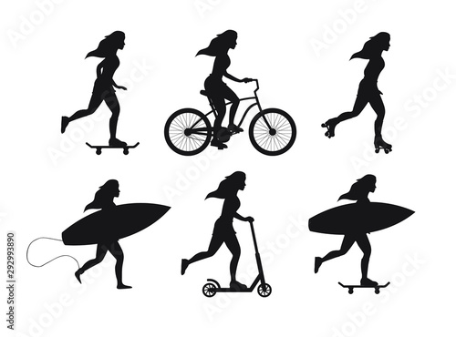 Vector set bundle of black different young women silhouette isolated on white background. Girls with surf, skate boards, rollers and scooter illustration 