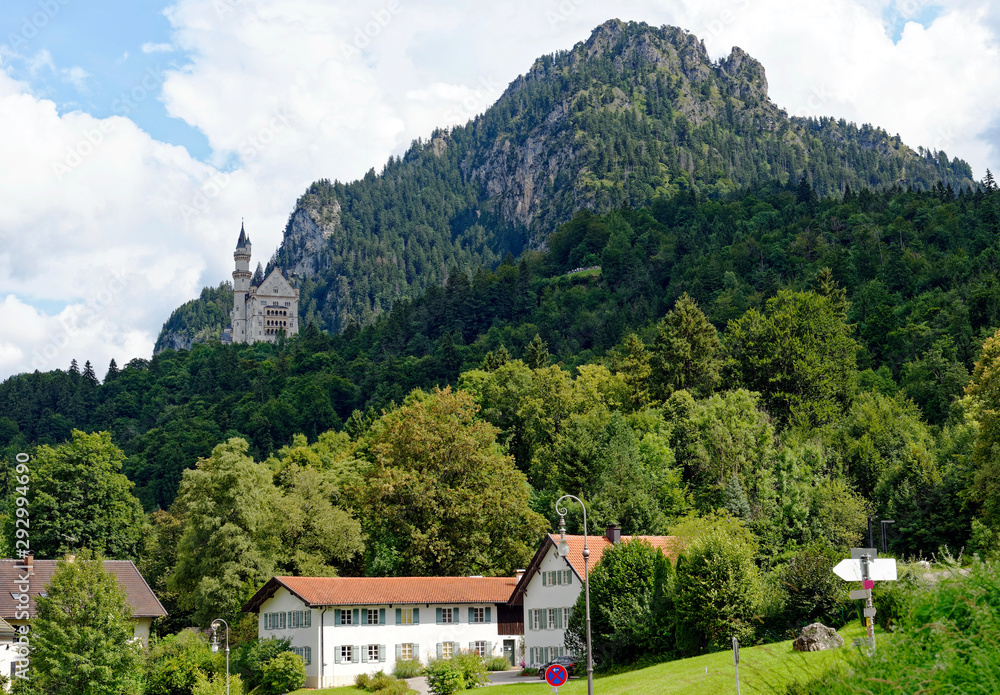 View from the village of Hohenschwangau iin Southern Bavaria, Germany of the iconic Neuschwanstein  Castle