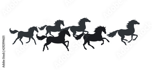 Vector flat black herd of galloping horses isolated on white background