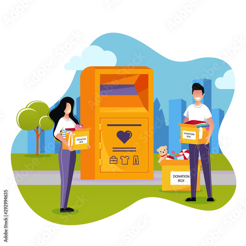 Clothes donations and charity concept. Vector flat cartoon illustration. City donation box stands on the street.