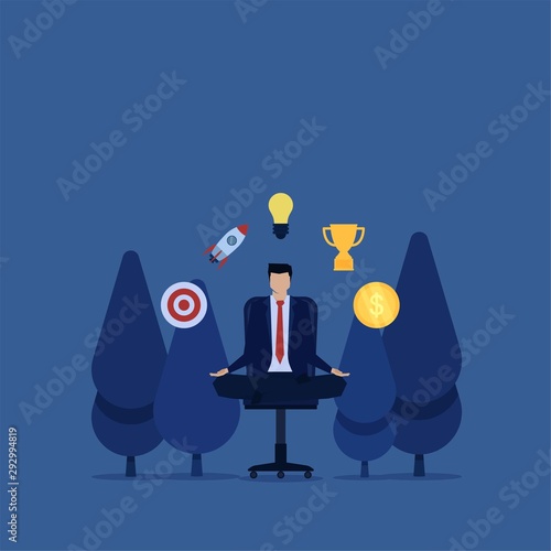 Business flat vector concept businessman yoga around icon metaphor of relax.