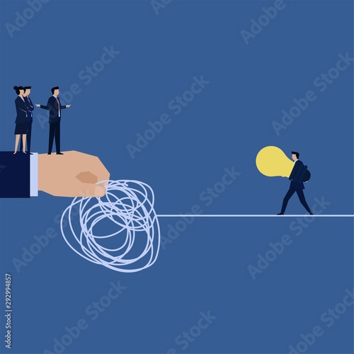 Business flat vector concept businessman bring idea and walk above tangled string metaphor of solution.