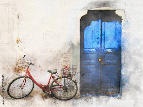 watercolor image of an old red bike outside a greek house with whitewashed walls and a blue painted door in bright sunlight