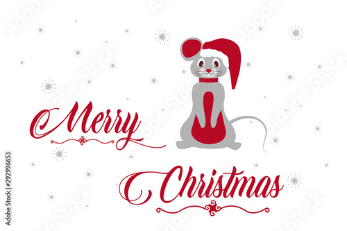 Greeting card  gray New Year s Christmas mouse with a red cap and a scarf  on a white background with snowflakes  vector illustration