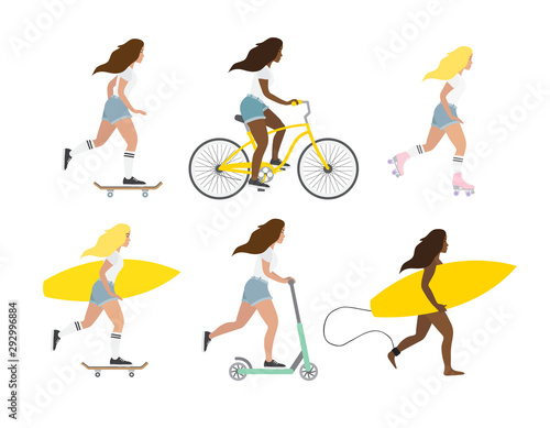 Vector flat cartoon set of different young women isolated on white background. Girls with surf, skate boards, rollers and scooter illustration