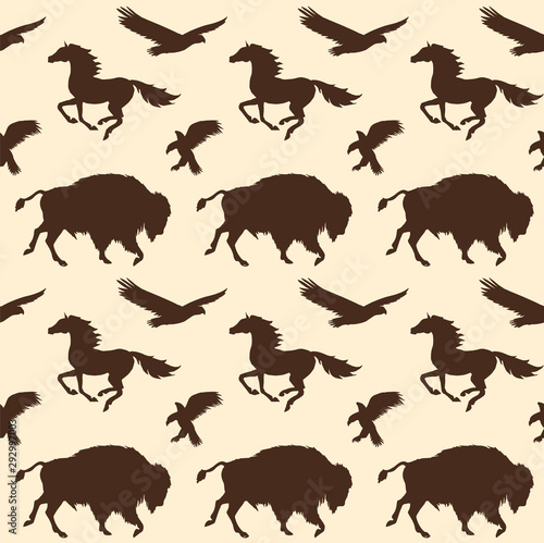 Vector seamless pattern of brown American wild animals silhouette isolated on beige background