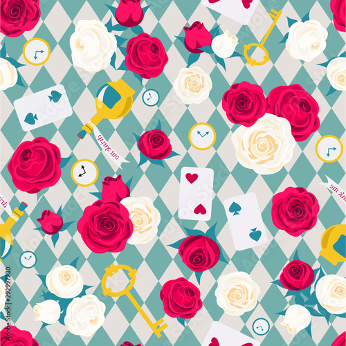 Red roses and white roses, card, key and clock. Seamless pattern. Alice in Wonderland background for fabric, wrapping, wallpaper. Decorative print. Vector illustration