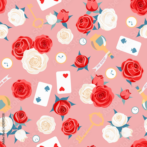 Red roses and white roses, card, key and clock on pink background. Seamless pattern. Alice in Wonderland background for fabric, wrapping, wallpaper. Decorative print. Vector illustration