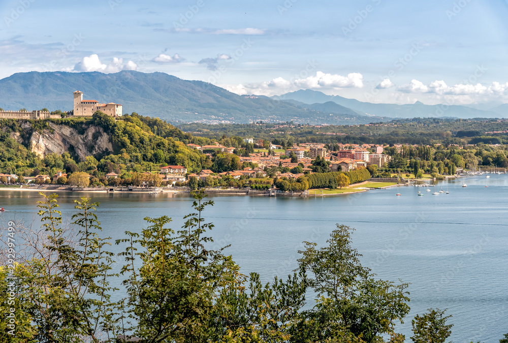 View of Rocca Borromea at Angera, on the lakeside Maggiore hilltop in province of Varese, Italy