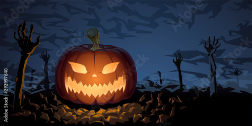 Pumpkin halloween night on graveyard popping out zombi hands from the ground