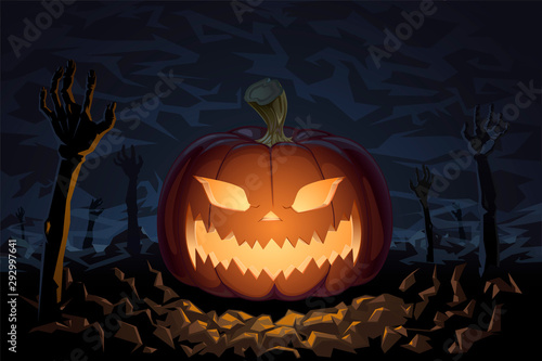 Halloween pumpkin in the cemetery among the hands of zombies on cloudy blue background, illustration