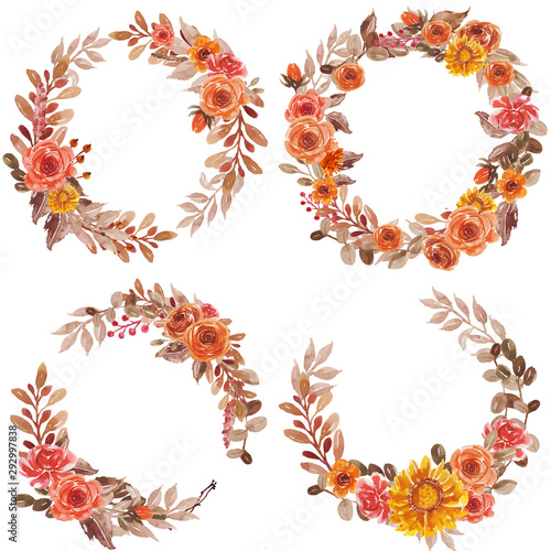 Watercolor Floral wreath set red orange yellow