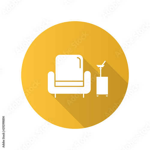 Lobby bar yellow flat design long shadow glyph icon. Room service, hotel amenities. Comfortable rest place with soft armchair and cocktails. Relax zone. Vector silhouette illustration