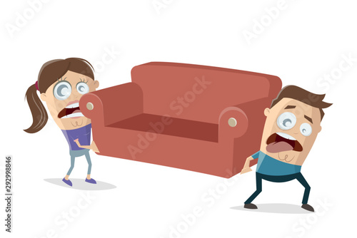 funny cartoon couple is moving an has to lift a heavy sofa
