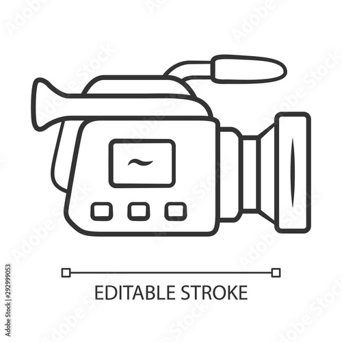 Camera linear icon. Camcorder. Videotaping, video recording. Filmmaking professional equipment. Thin line illustration. Contour symbol. Vector isolated outline drawing. Editable stroke