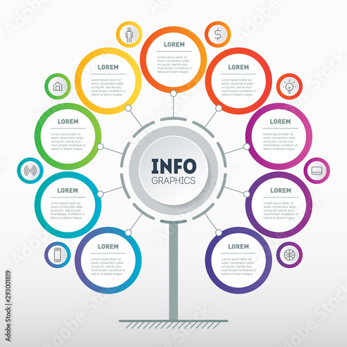 Business presentation concept with 9 options and 8 icons. Template of tree, info chart or diagram with nine process. Infographic of technology or education. Light background.