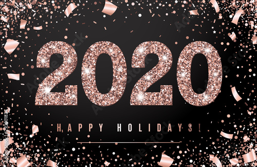 Happy Holidays Banner with glowing Rose Gold 2020 Numbers on black Background with Flying geometric and foil paper Confetti. Vector illustration. All isolated and layered
