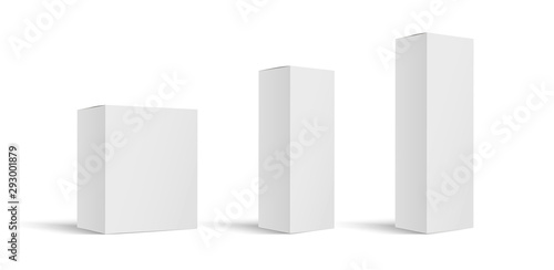 Mock up white cardboard box. Set of cosmetic or medical packaging. Set of Blank white product packagings boxes isolated on white background. Vector illustration