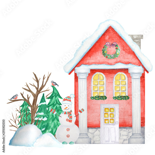 Cartoon Winter House with wooden fence and Bullfinch bird couple, Snowman, snowdrifts, Christmas tree. Watercolor New year Greeting card, poster, banner concept with copy space for text. Front view.