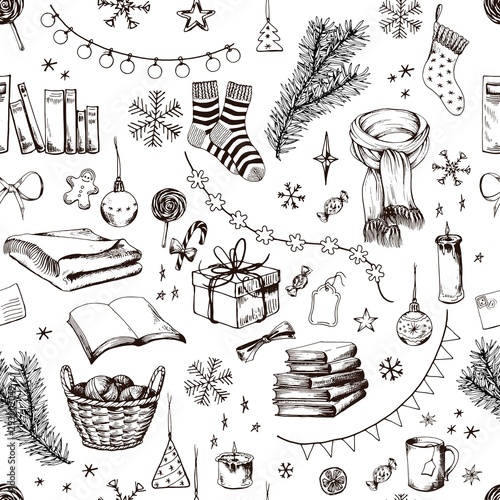 Seamless pattern with Christmas home elements. Hand drawn vector illustration on white background.
