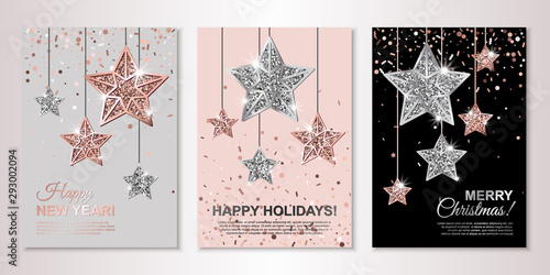 Banners set of three sheets with hanging rose gold and silver stars. Vector flyer design templates for invitations, brochure design, certificates. All isolated and layered