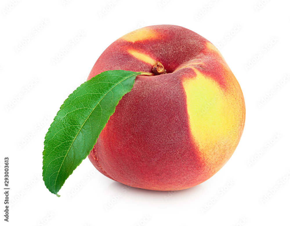 Ripe peach fruit with leaf isolated on white background