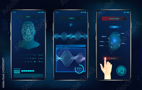 Modern identification smartphone app. Biometric scanning fingerprint, face recognition and voice recognition for authorization verification. UI futuristic identification APP. Vector illustration 
