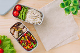 Lunch box with healthy food on the napkin