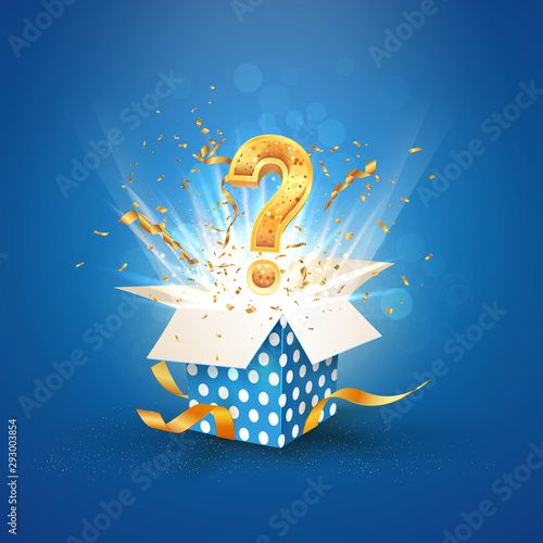 Open textured blue box with question sign and confetti explosion inside and on blue background. Lottery vector illustration