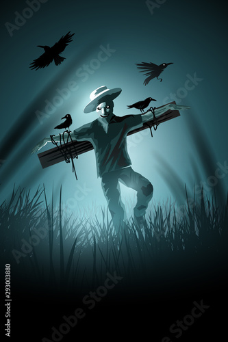A nightmare halloween scarecrow wearing a hat in a cornfield at night with ravens and crows. Vector illustration.