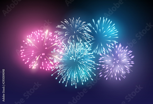 A set of realistic bright fireworks lighting up the night sky. Vector illustration