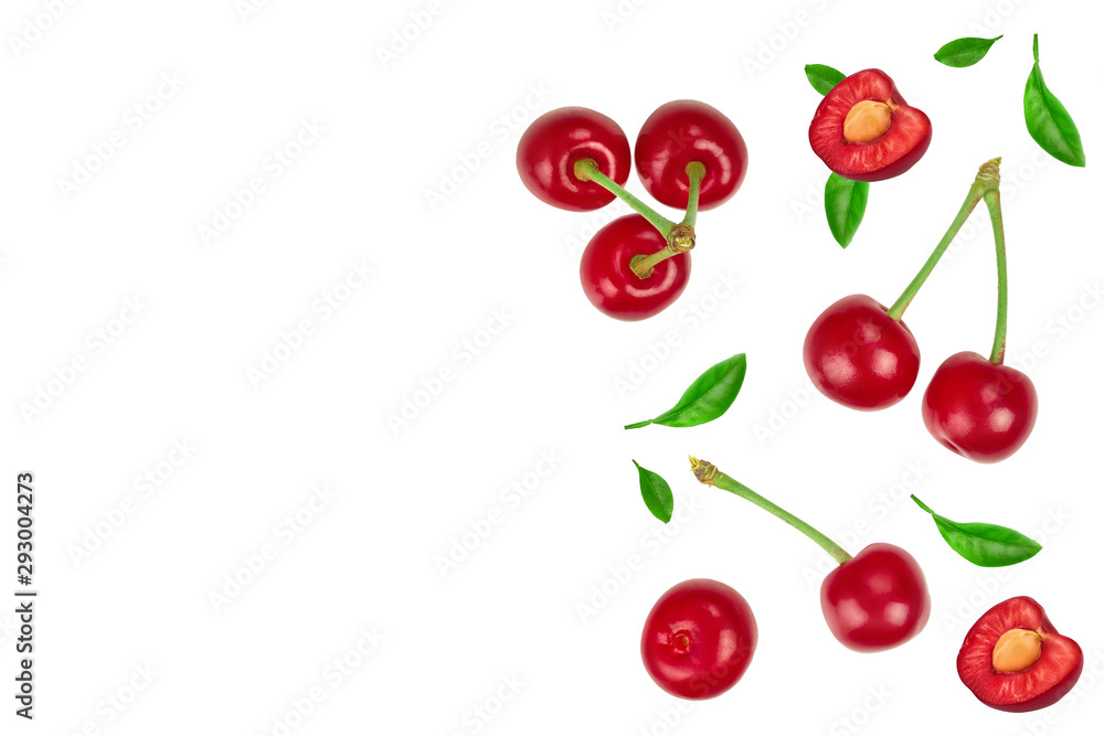 Obraz premium Some cherries with leaf closeup isolated on white background. Top view. Flat lay.