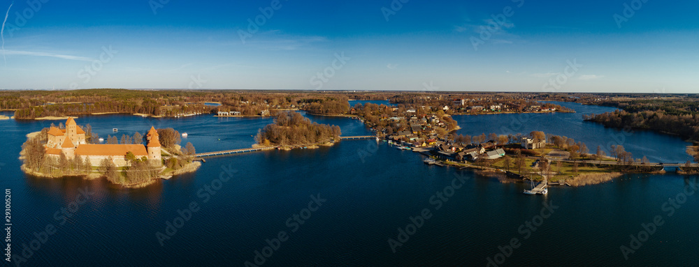 Fototapeta premium Birdseye view of Trakai castle in Lithuania during sunset. One of the most popular tourism objects in Lithuania.