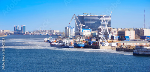 Volga river. Ships in the port of Astrakhan. Russia.