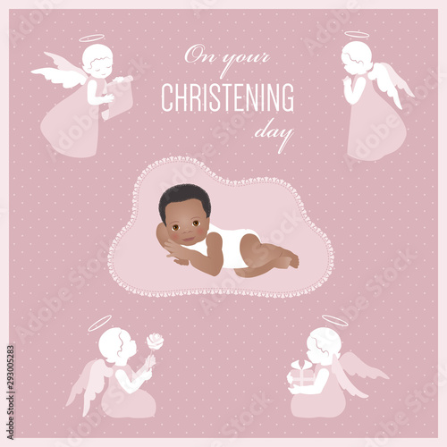 Baptism of the black child, christening card with cute angels and baby.
