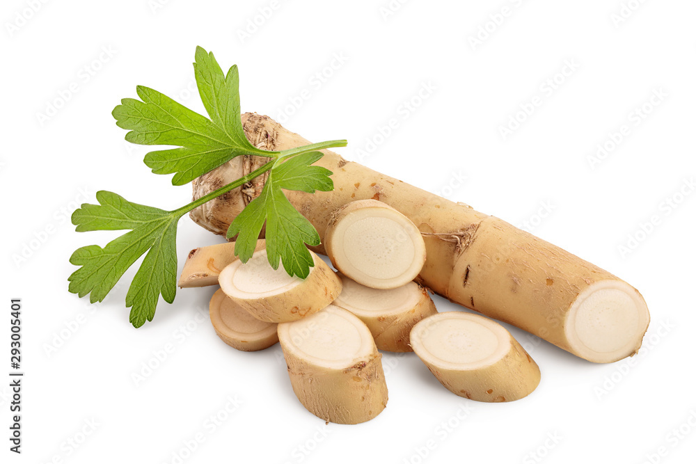 Horseradish root with slices and parsley isolated on white background Horseradish root with slices and parsley isolated on white background