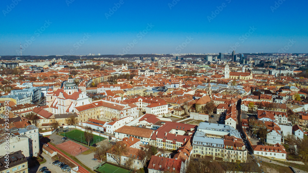 Aerial view of an old town in Vilnius , Lithuania during sunny summer morning. (high ISO image)