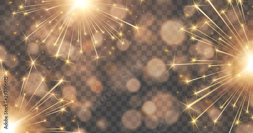 Fireworks and bokeh lights effect isolated on transparent background. Vector golden New Year rockets or Christmas bokeh sparkle banner