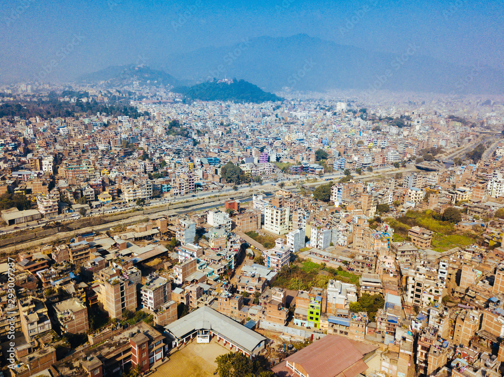 Aerial view of dusty city of Kathmandu , Nepal , captured from above.  