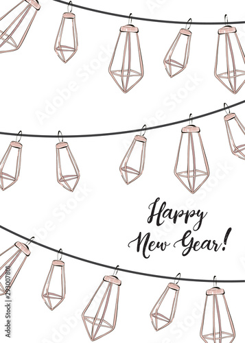 Winter holidays design, Happy New Year social media decoration with trendy elegand hand-drawn garland. Geometric shape party festive rose gold holiday design with text