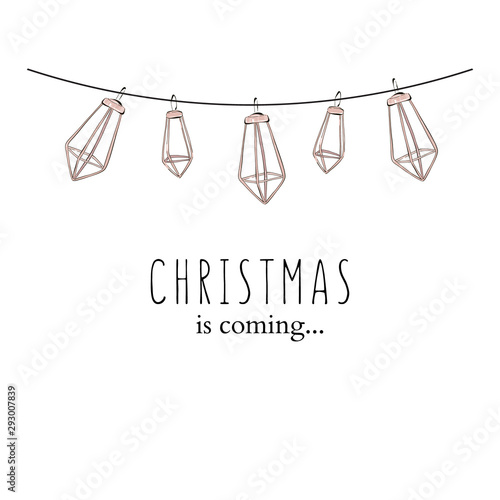 Winter holidays design, Christmas is coming social media decoration with trendy elegand hand-drawn garland. Geometric shape party festive  rose gold holiday design with text