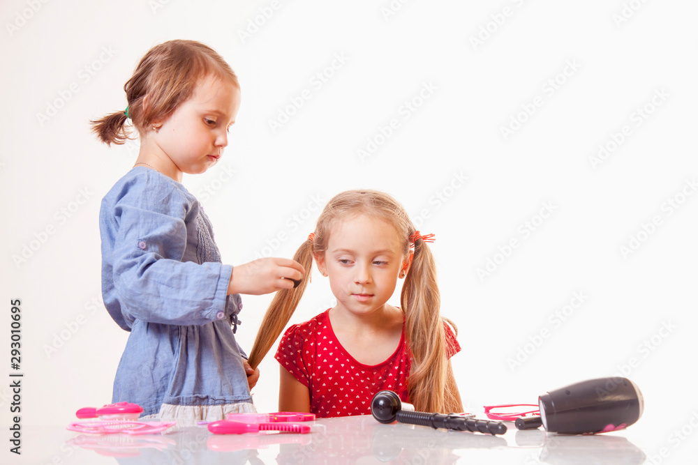 Naklejka premium Funny image of hairdressing services. Creation of hairstyles fashionable stylish girl's hairstyles. Hair styling process. Courses in hairdressing.