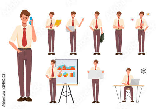 Set of businessman creation character pose with occupation job in uniform suit. Chibi cartoon business people style.