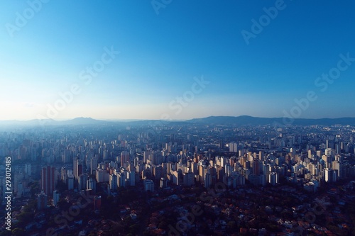 Aerial view of sunset at downtown with a beautiful sky. Fantastic landscape. Skyscrapers in São Paulo, Brazil. 