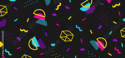 Background in the style of the 80s with multicolored geometric shapes on the black background. Illustration for hipsters Memphis style