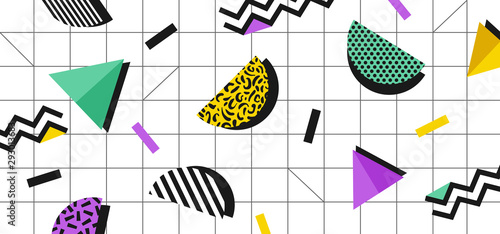 Background in the style of the 80s with multicolored geometric shapes on the white background. Illustration for hipsters Memphis style