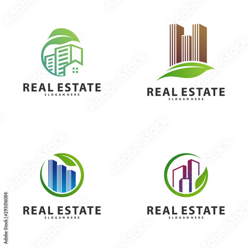 Set of Nature Building Idea logo template, Modern City with Leaf logo designs concept, Real Estate logo Vector Illustration