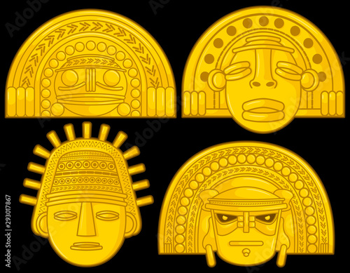 Ancient Colombian golden heads of some pre hispanic native cultures,Vector Illustration Set in black background. Second Set (Sinú, Tairona, Muísca, Tolíma, Quimbaya, Calima) photo