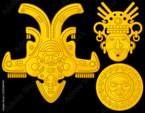 Ancient Colombian golden heads of some pre hispanic native cultures,Vector Illustration Set in black background. (Sinú, Tairona, Muísca, Tolíma, Quimbaya, Calima, San Agustín, Tierradentro) - Vector photo